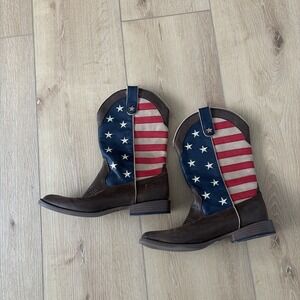Roper Big Kids Size 7 / 39 American Patriot Brown Red Blue Flag Western Boots